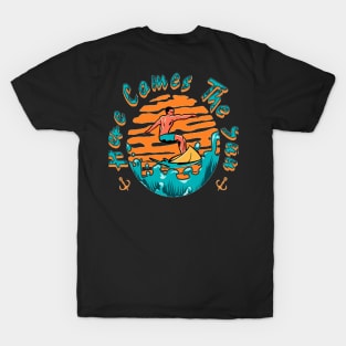 Happiness Comes In Waves, Hello Summer Vintage Funny Surfer Riding Surf Surfing Lover Gifts T-Shirt